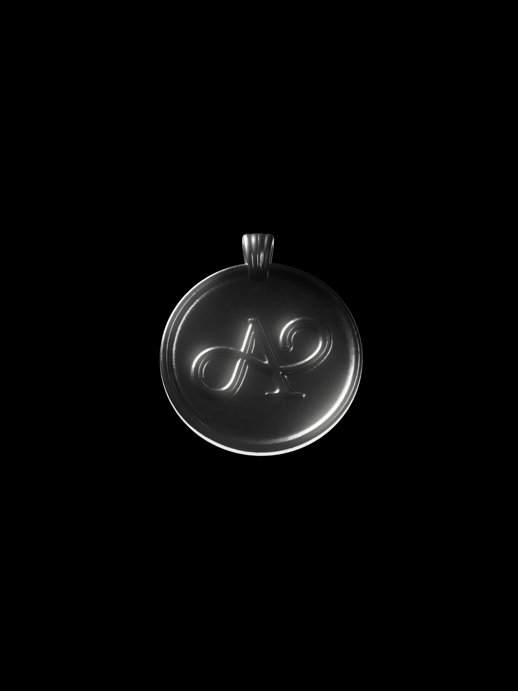 Round silver pendant engraved with the A monogram