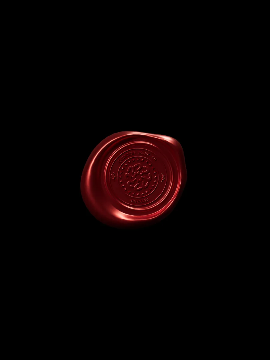 Red wax seal with the QSTNMRK emblem