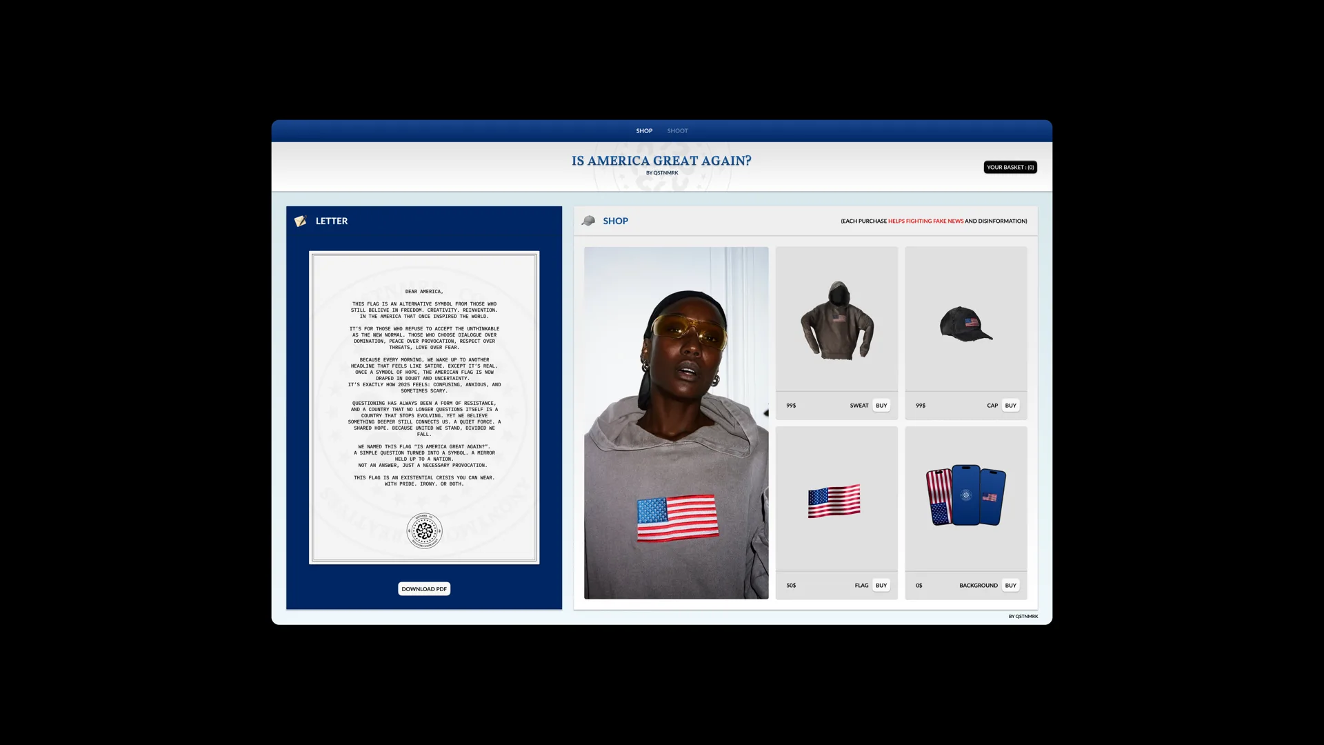 Dear America online store page with letter and merchandise