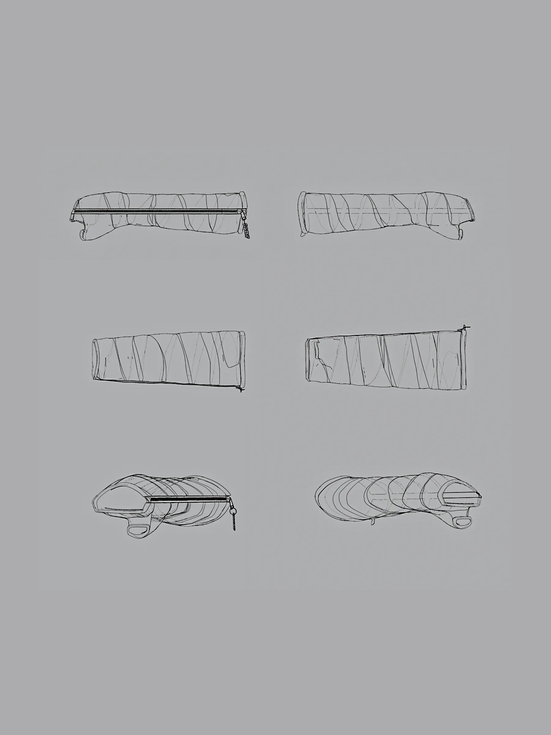 Sketches of the zip cast from several angles