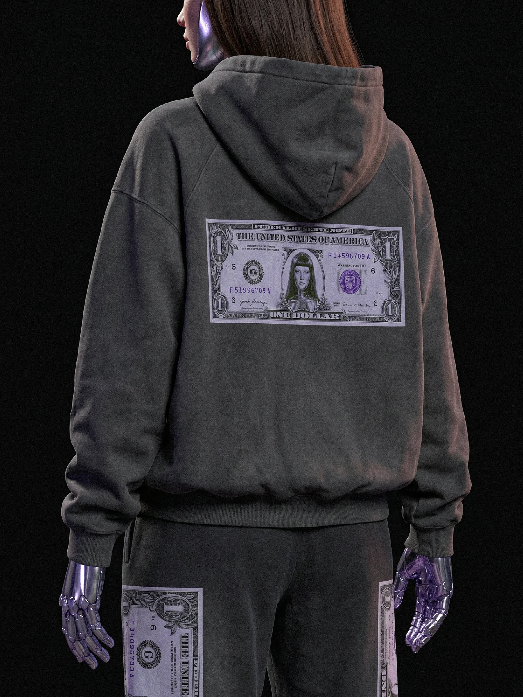 Grey hoodie with a one-dollar bill print on the back