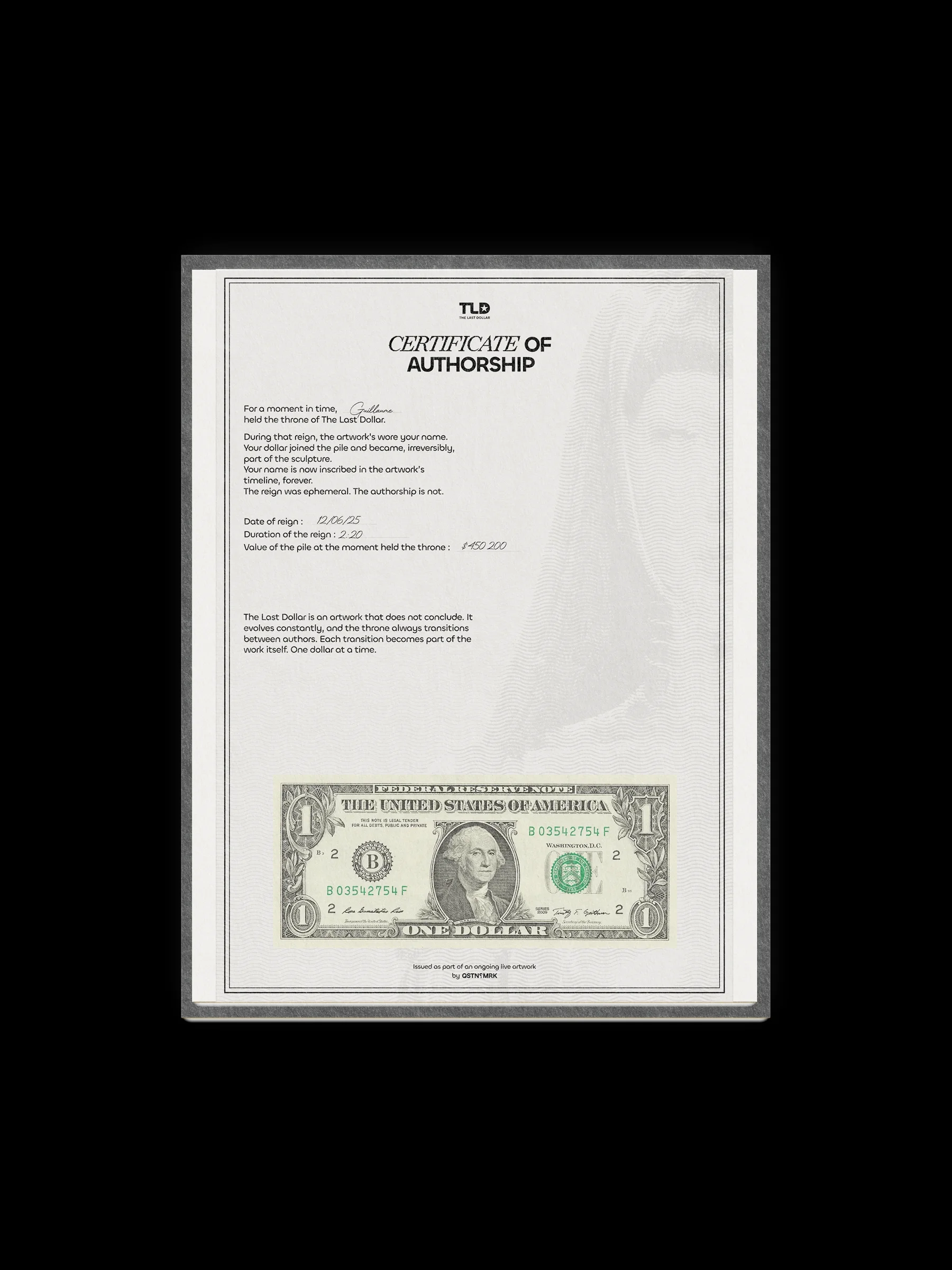 Certificate of authorship with a framed one-dollar bill